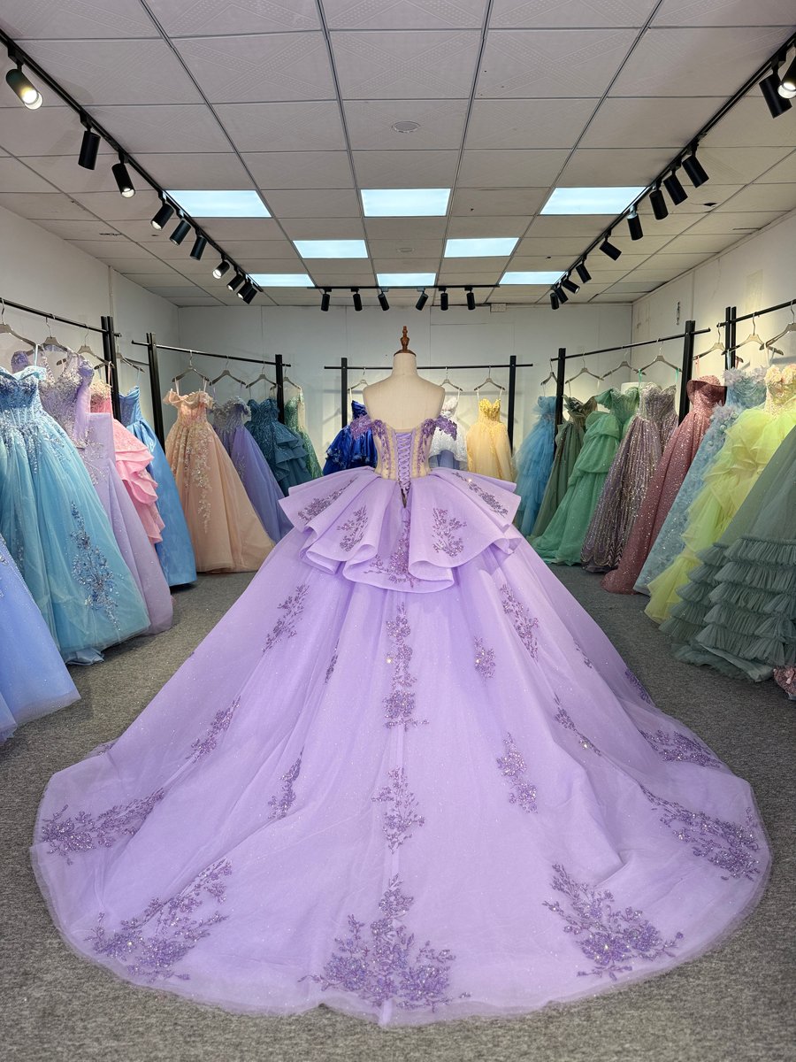 Glittering Sparkling Beaded Lavender Quinceanera Dress Off Shoulder Tiered Dress Corset Back Ball Gown Long Train Sweet 15 Birthday Gown - Image 2
