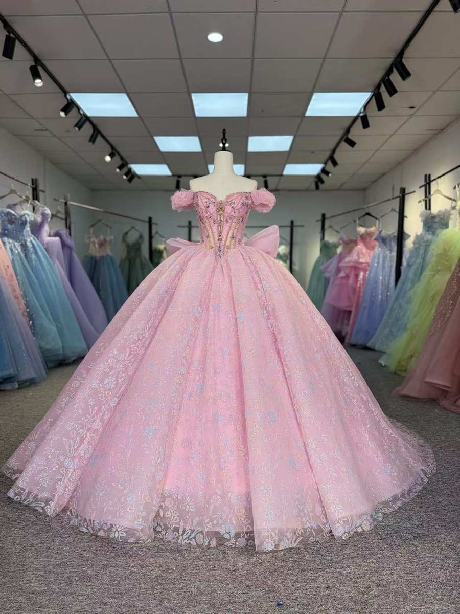 Enchanting Pink Quinceanera Dress Off The Shoulder Ball Gown Corset Back Quinceanera Gown With Jewel Bodice And Oversized Back Bow