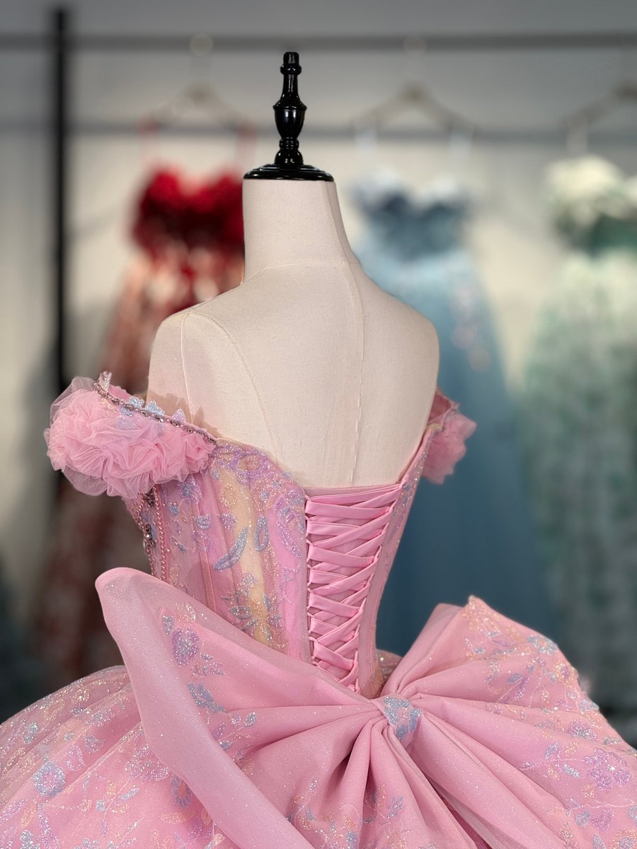 Enchanting Pink Quinceanera Dress Off The Shoulder Ball Gown Corset Back Quinceanera Gown With Jewel Bodice And Oversized Back Bow - Image 4