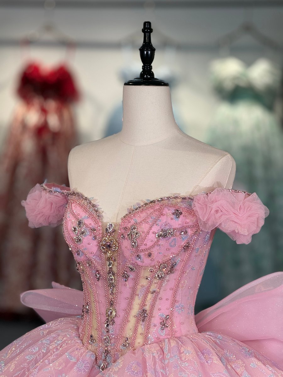 Enchanting Pink Quinceanera Dress Off The Shoulder Ball Gown Corset Back Quinceanera Gown With Jewel Bodice And Oversized Back Bow - Image 3