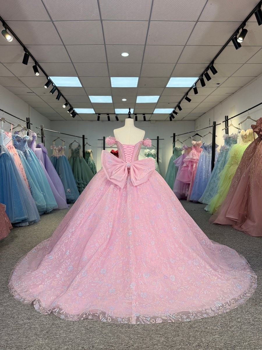 Enchanting Pink Quinceanera Dress Off The Shoulder Ball Gown Corset Back Quinceanera Gown With Jewel Bodice And Oversized Back Bow - Image 2