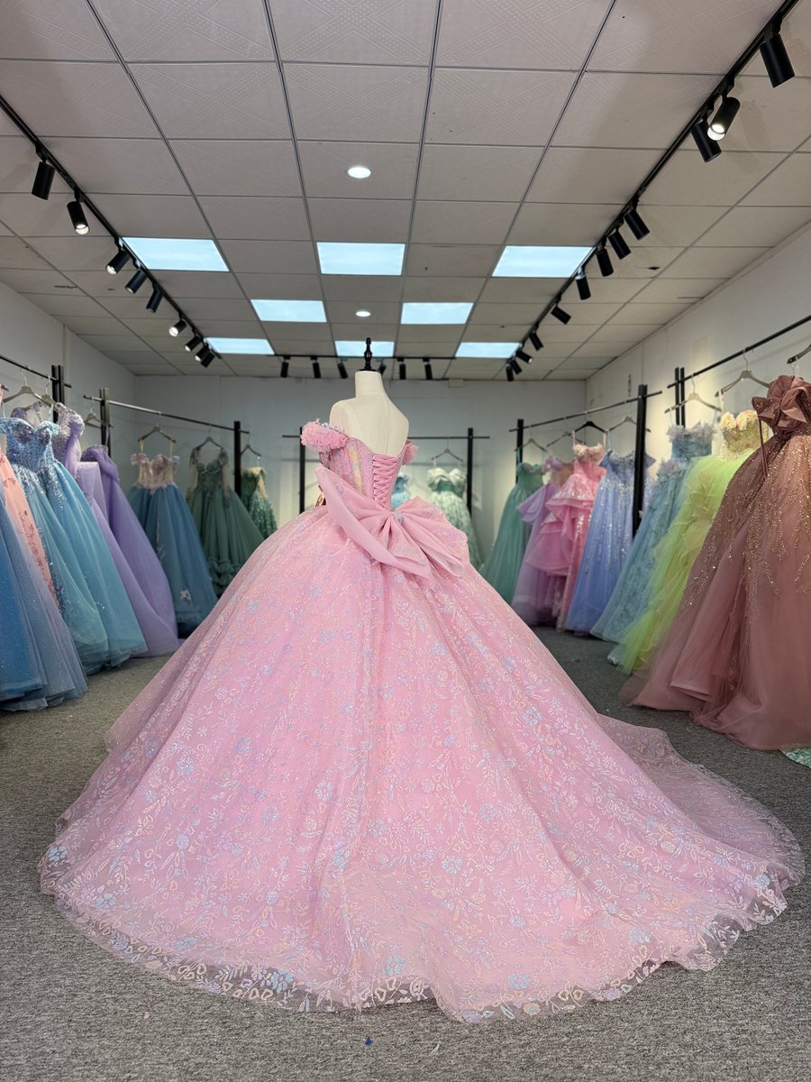 Enchanting Pink Quinceanera Dress Off The Shoulder Ball Gown Corset Back Quinceanera Gown With Jewel Bodice And Oversized Back Bow - Image 6