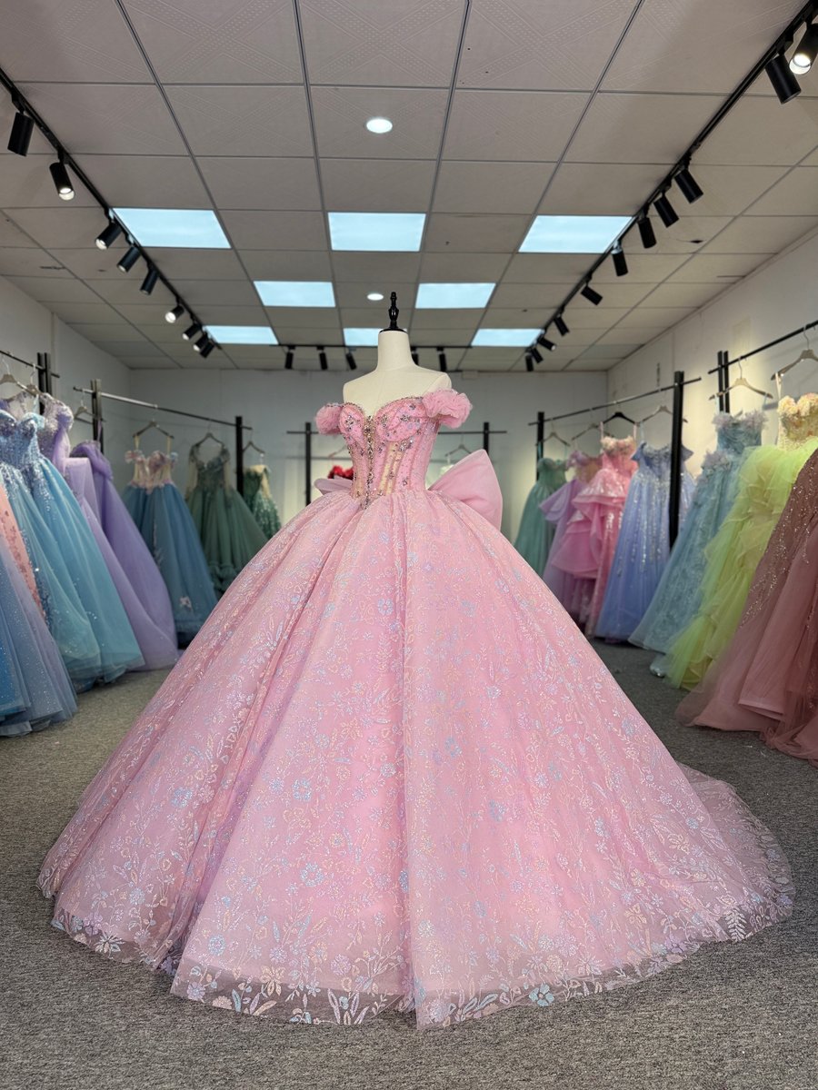 Enchanting Pink Quinceanera Dress Off The Shoulder Ball Gown Corset Back Quinceanera Gown With Jewel Bodice And Oversized Back Bow - Image 5