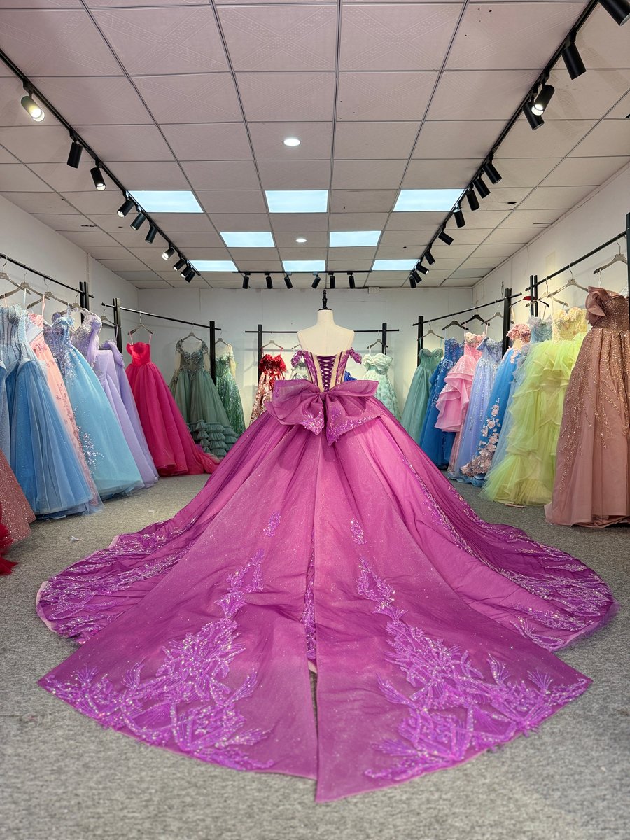 Dazzling Purple Sequin Lace Sweetheart Quinceanera Dress Off Shoulder Train Backless Ball Gown Bow Gown - Image 2