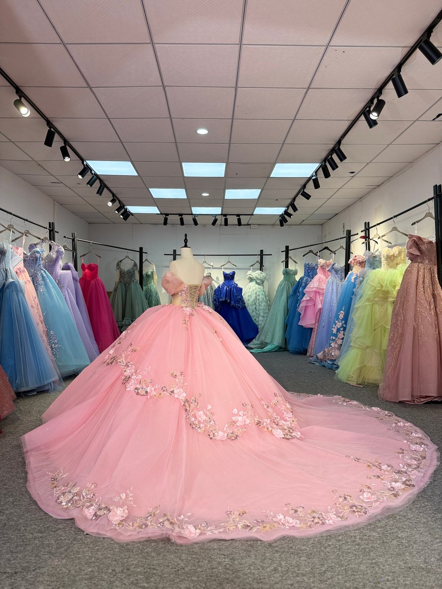 Sparkling Pink Floral Applique Sweetheart Quinceanera Dress Off Shoulder Corset Ball Gown Long Train Gown - Image 6