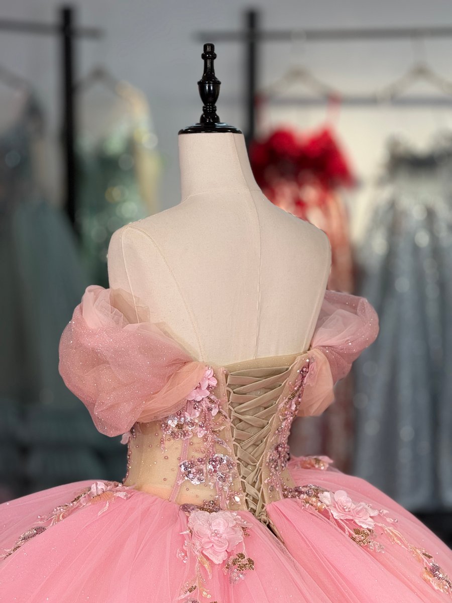 Sparkling Pink Floral Applique Sweetheart Quinceanera Dress Off Shoulder Corset Ball Gown Long Train Gown - Image 4