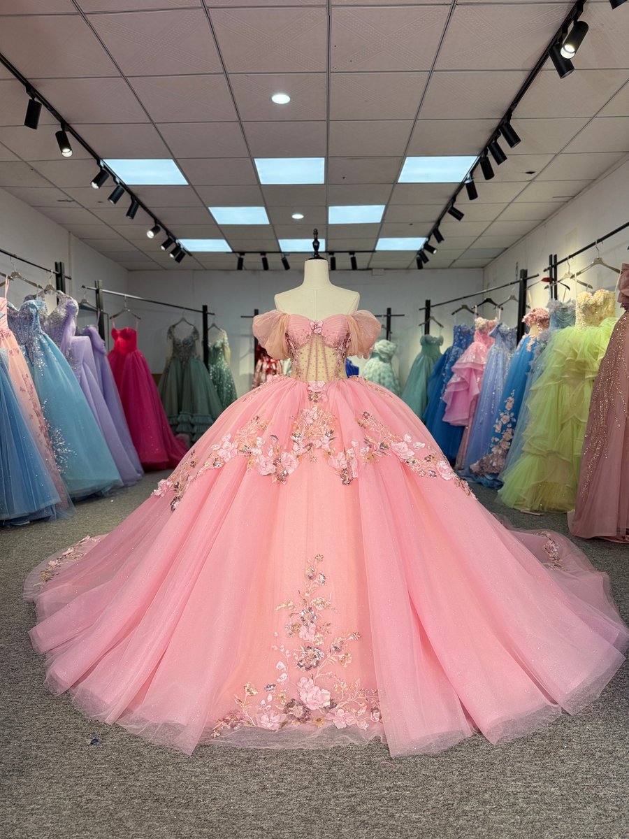 Sparkling Pink Floral Applique Sweetheart Quinceanera Dress Off Shoulder Corset Ball Gown Long Train Gown