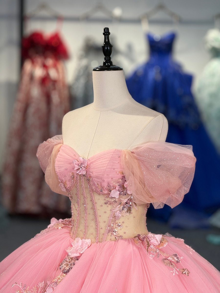 Sparkling Pink Floral Applique Sweetheart Quinceanera Dress Off Shoulder Corset Ball Gown Long Train Gown - Image 3