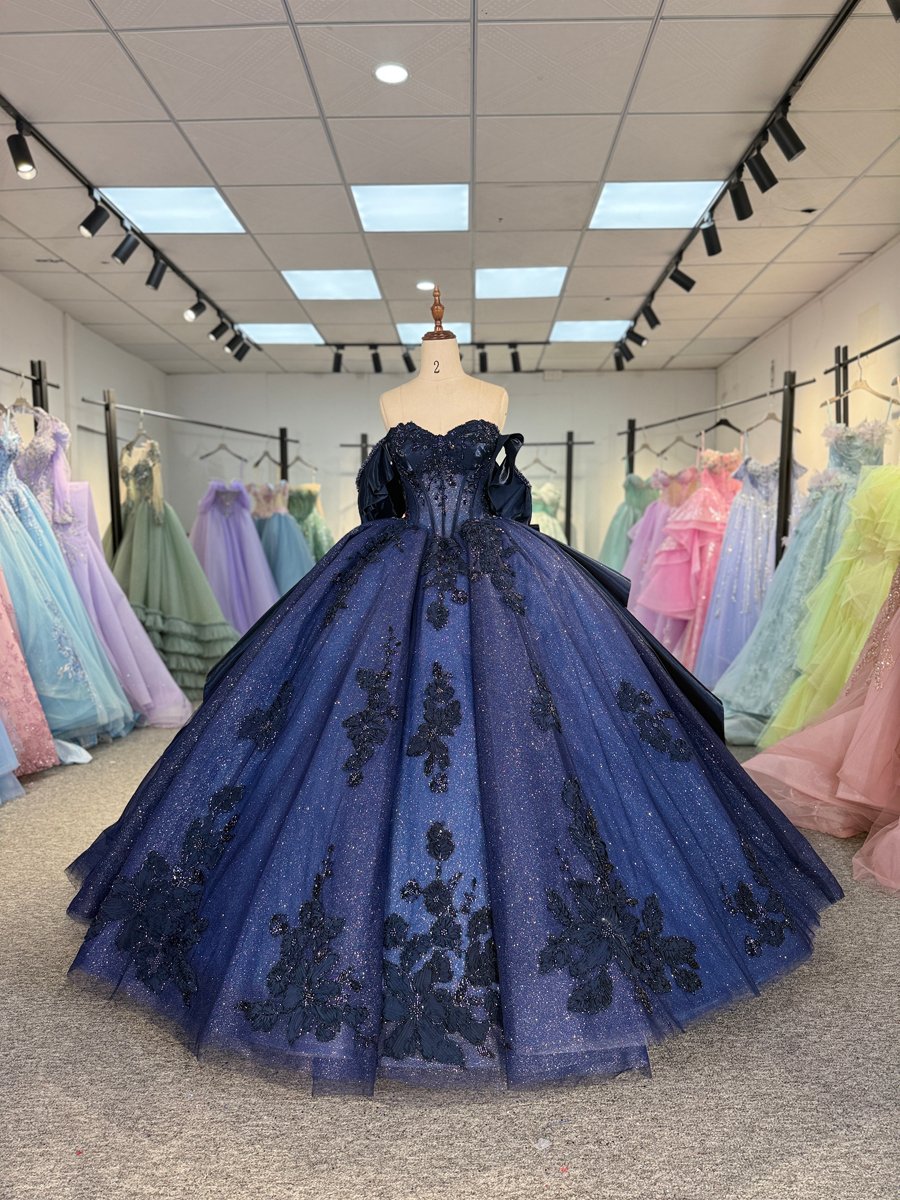 Sparkling Navy Blue Quinceanera Dress Off Shoulder Ball Gown Sweetheart Bodice Quinceanera Gown With Dramatic Satin Train And Lace Appliques