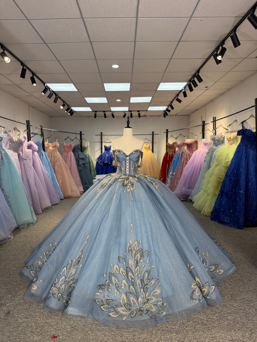 Luxurious Dusty Blue Quinceanera Dress Gold Appliques Ball Gown Sweetheart Corset Back Quinceanera Gown With Sparkle Tulle And Long Train