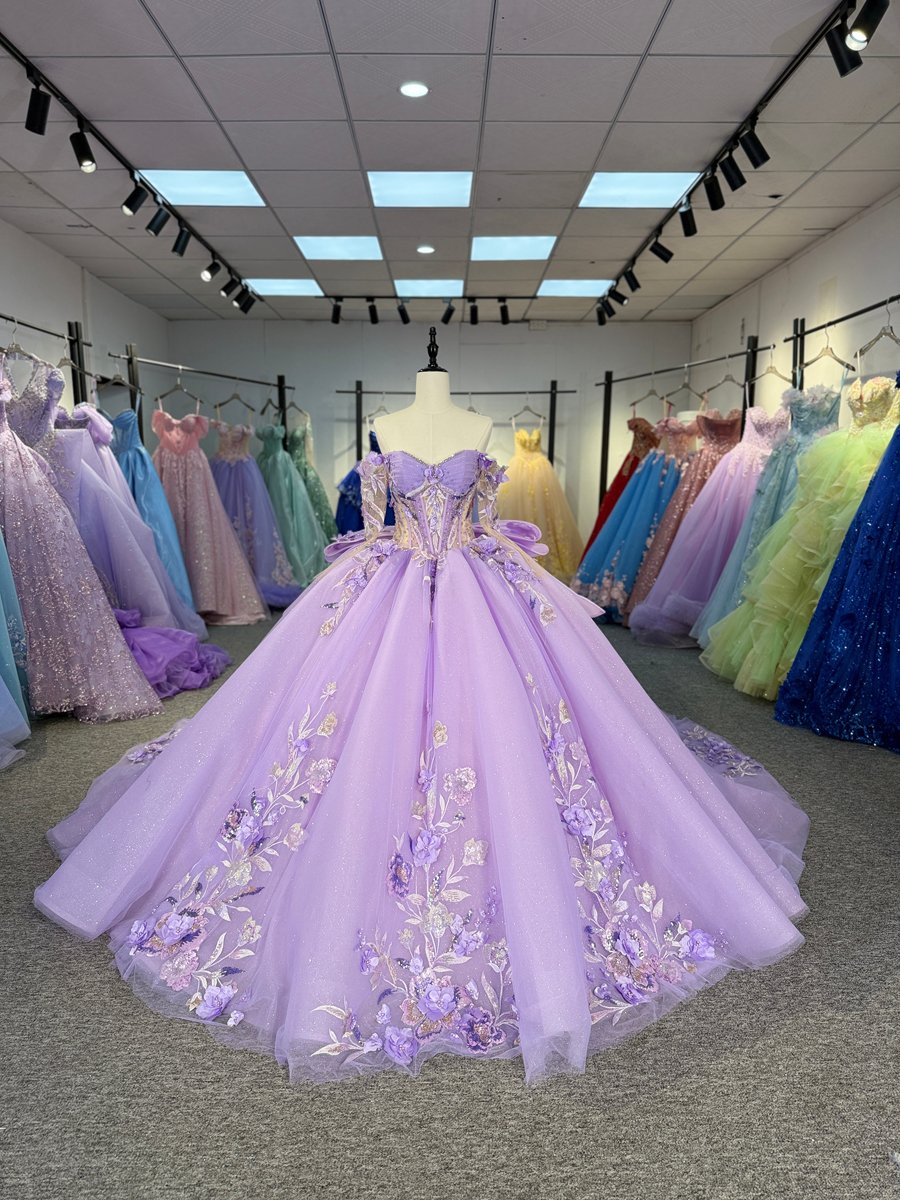 Enchanting Lavender Quinceanera Dress Floral Applique Off Shoulder Corset Back Quinceanera Gown With Sparkle Tulle And Ruffled Train