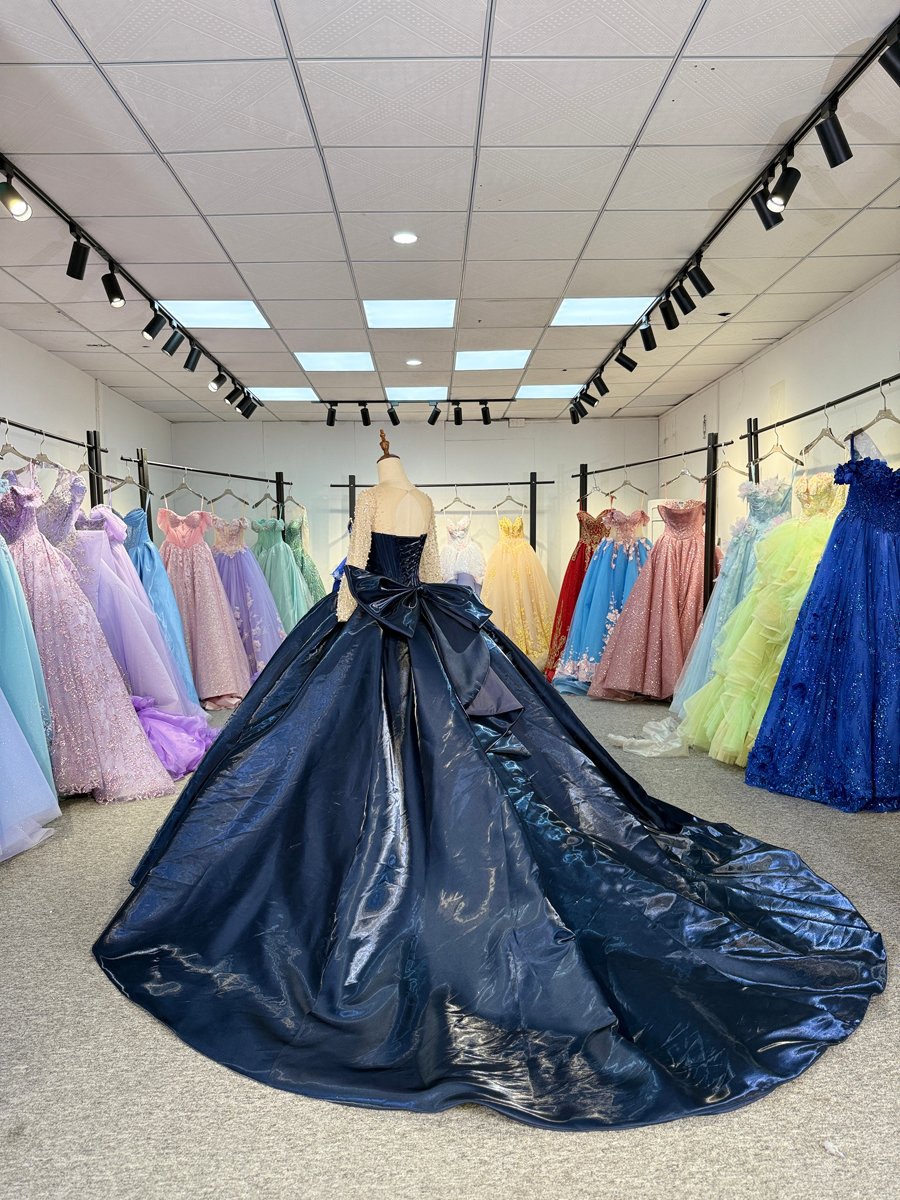 Elegant Midnight Blue Quinceanera Dress Beaded Long Sleeves Ball Gown Corset Back Quinceanera Gown With Satin Bodice And Dramatic Train - Image 6