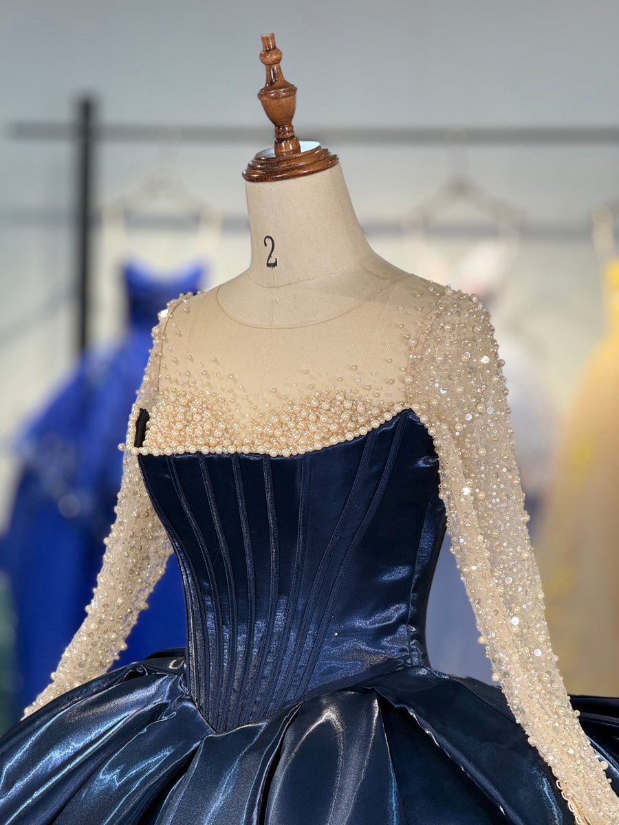 Elegant Midnight Blue Quinceanera Dress Beaded Long Sleeves Ball Gown Corset Back Quinceanera Gown With Satin Bodice And Dramatic Train - Image 3