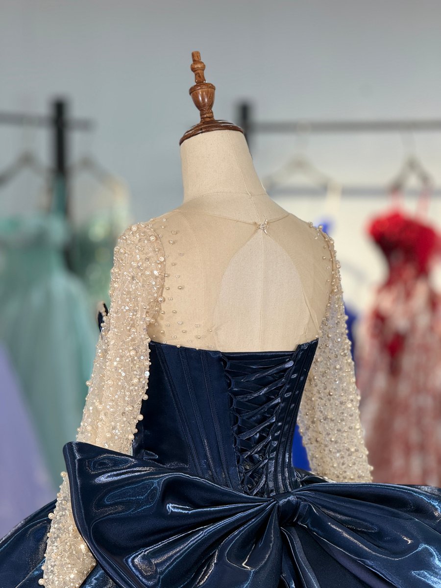 Elegant Midnight Blue Quinceanera Dress Beaded Long Sleeves Ball Gown Corset Back Quinceanera Gown With Satin Bodice And Dramatic Train - Image 4