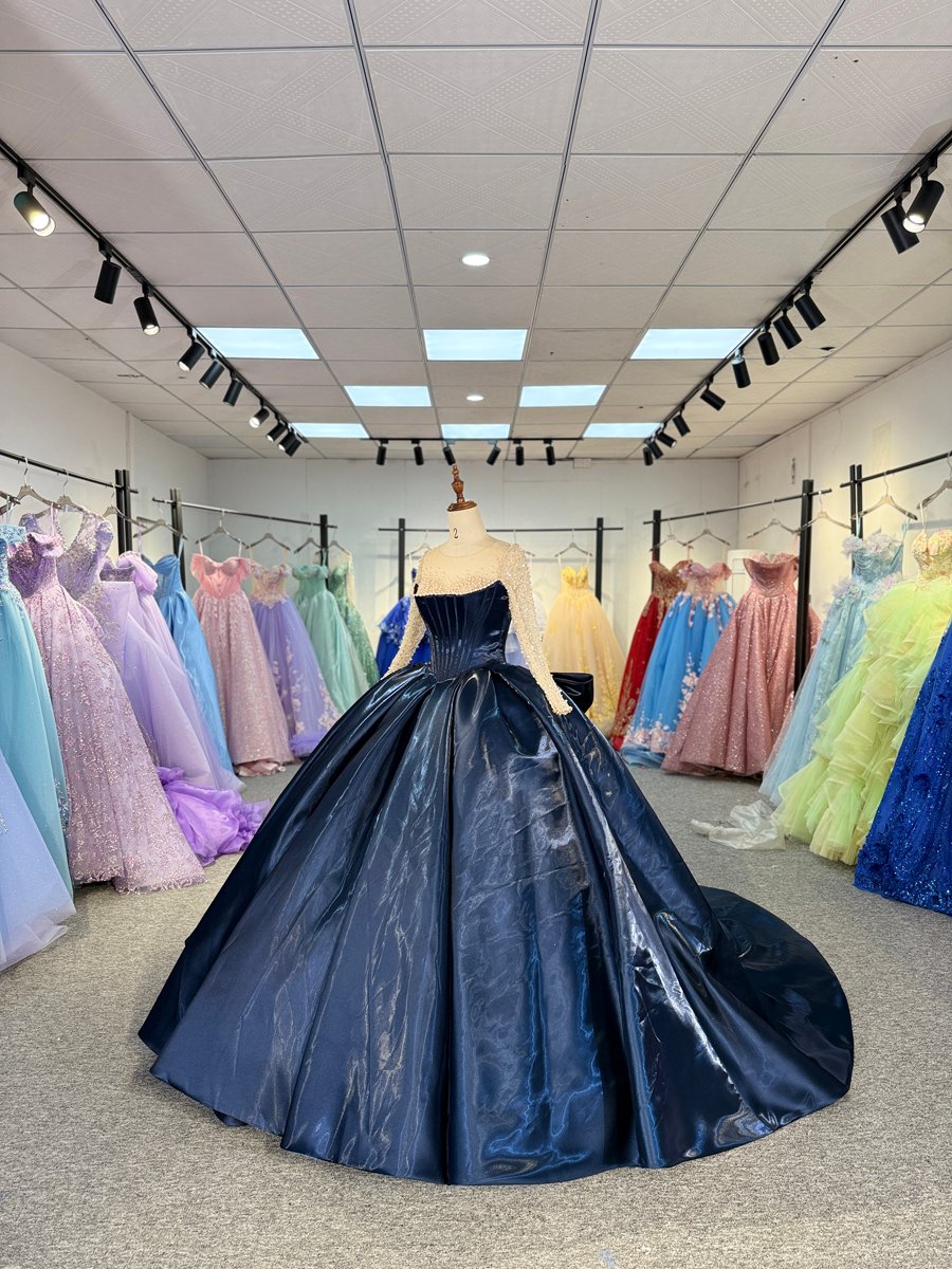 Elegant Midnight Blue Quinceanera Dress Beaded Long Sleeves Ball Gown Corset Back Quinceanera Gown With Satin Bodice And Dramatic Train - Image 5