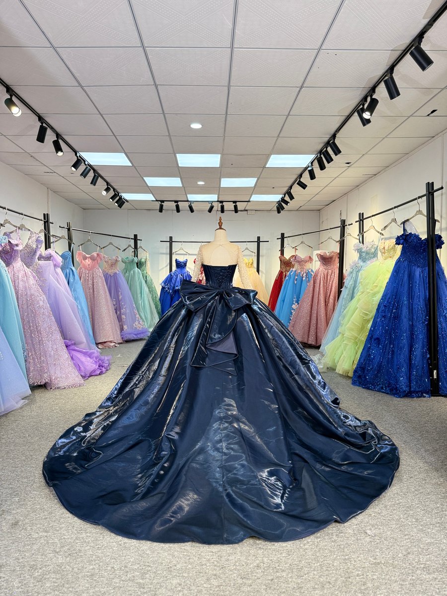 Elegant Midnight Blue Quinceanera Dress Beaded Long Sleeves Ball Gown Corset Back Quinceanera Gown With Satin Bodice And Dramatic Train - Image 2