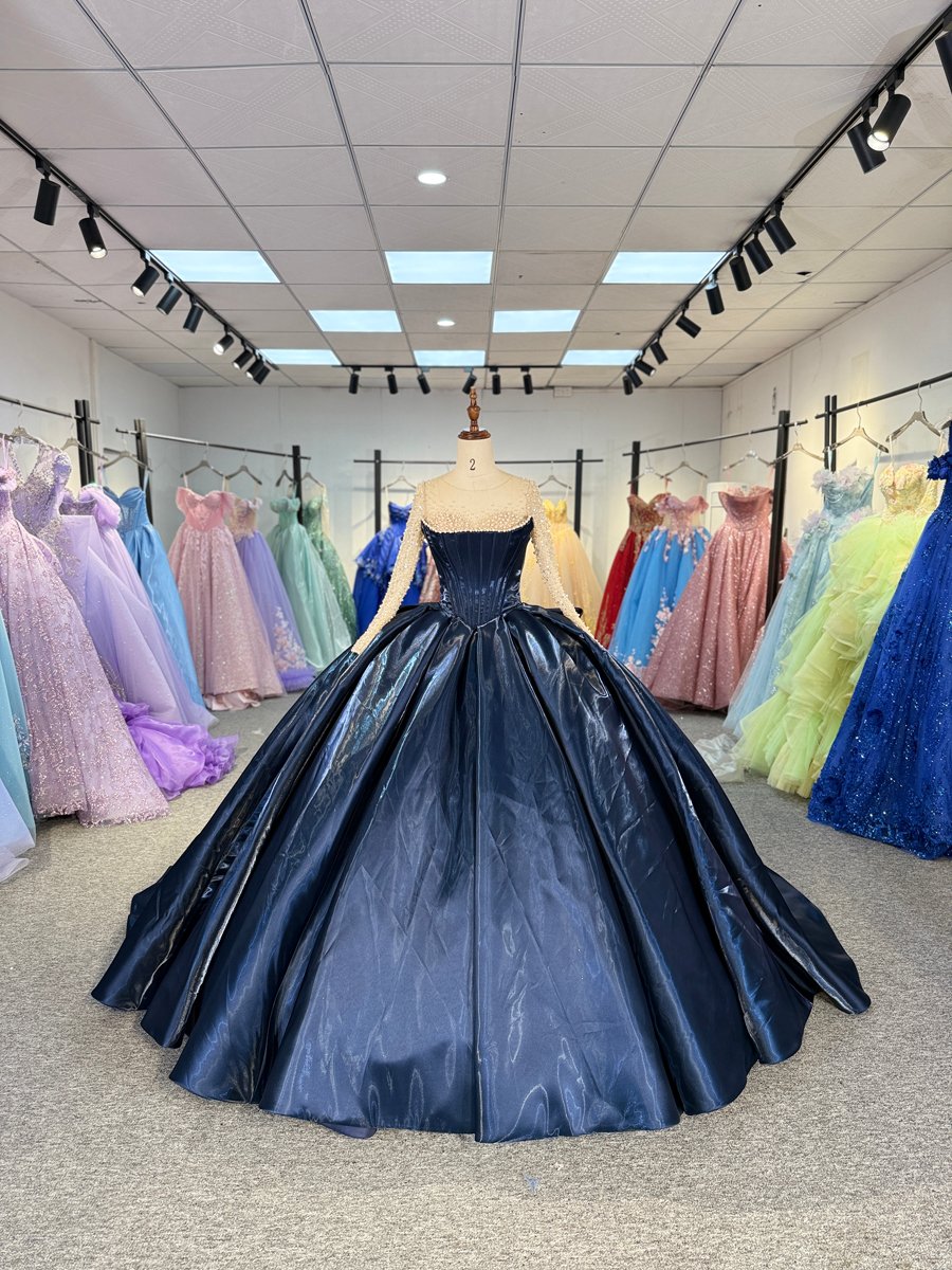 Elegant Midnight Blue Quinceanera Dress Beaded Long Sleeves Ball Gown Corset Back Quinceanera Gown With Satin Bodice And Dramatic Train