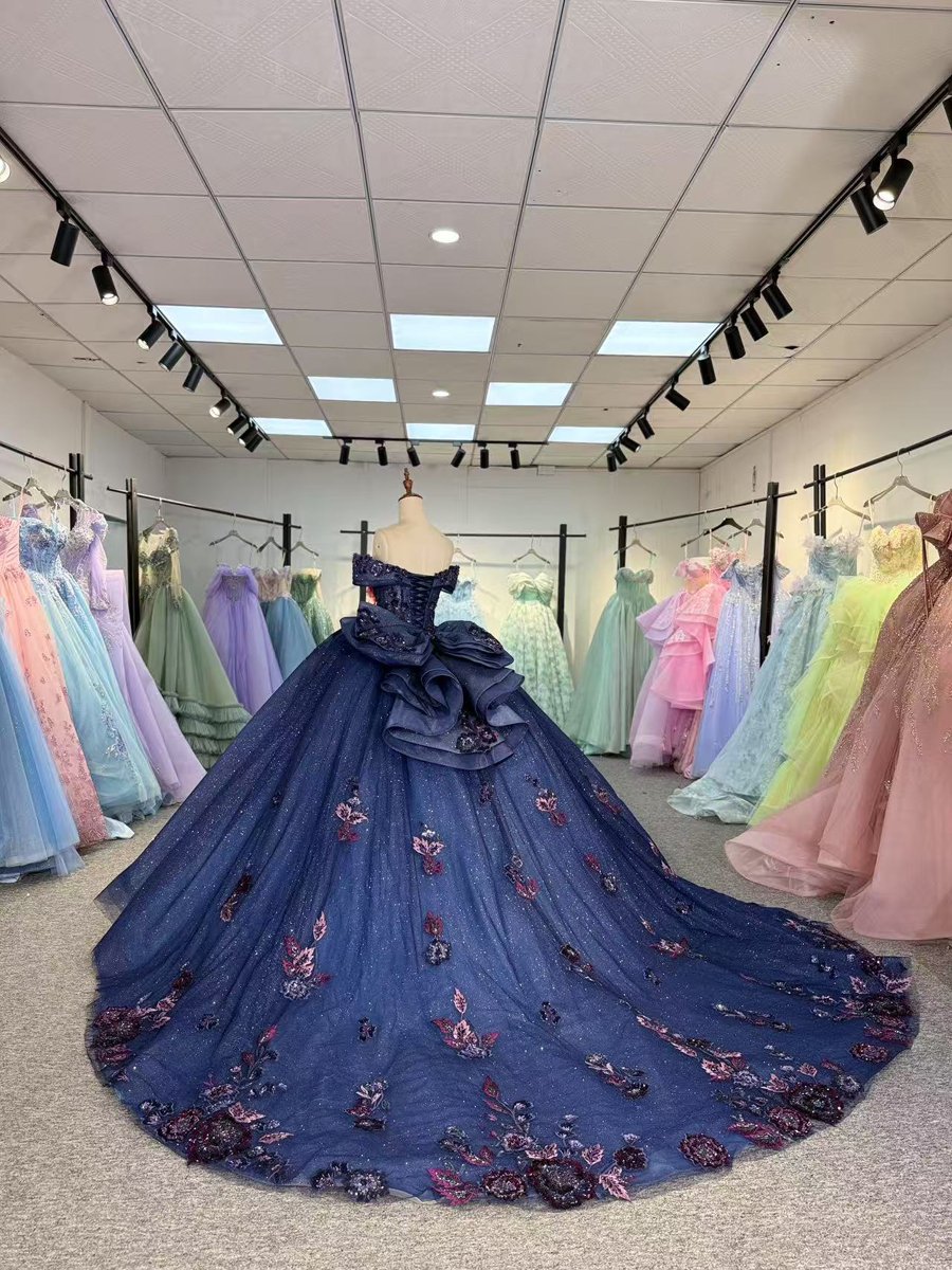 Stunning Deep Blue Quinceanera Dress Floral Applique Off Shoulder Corset Back Quinceanera Gown With Glitter Tulle And Ruffled Train - Image 6