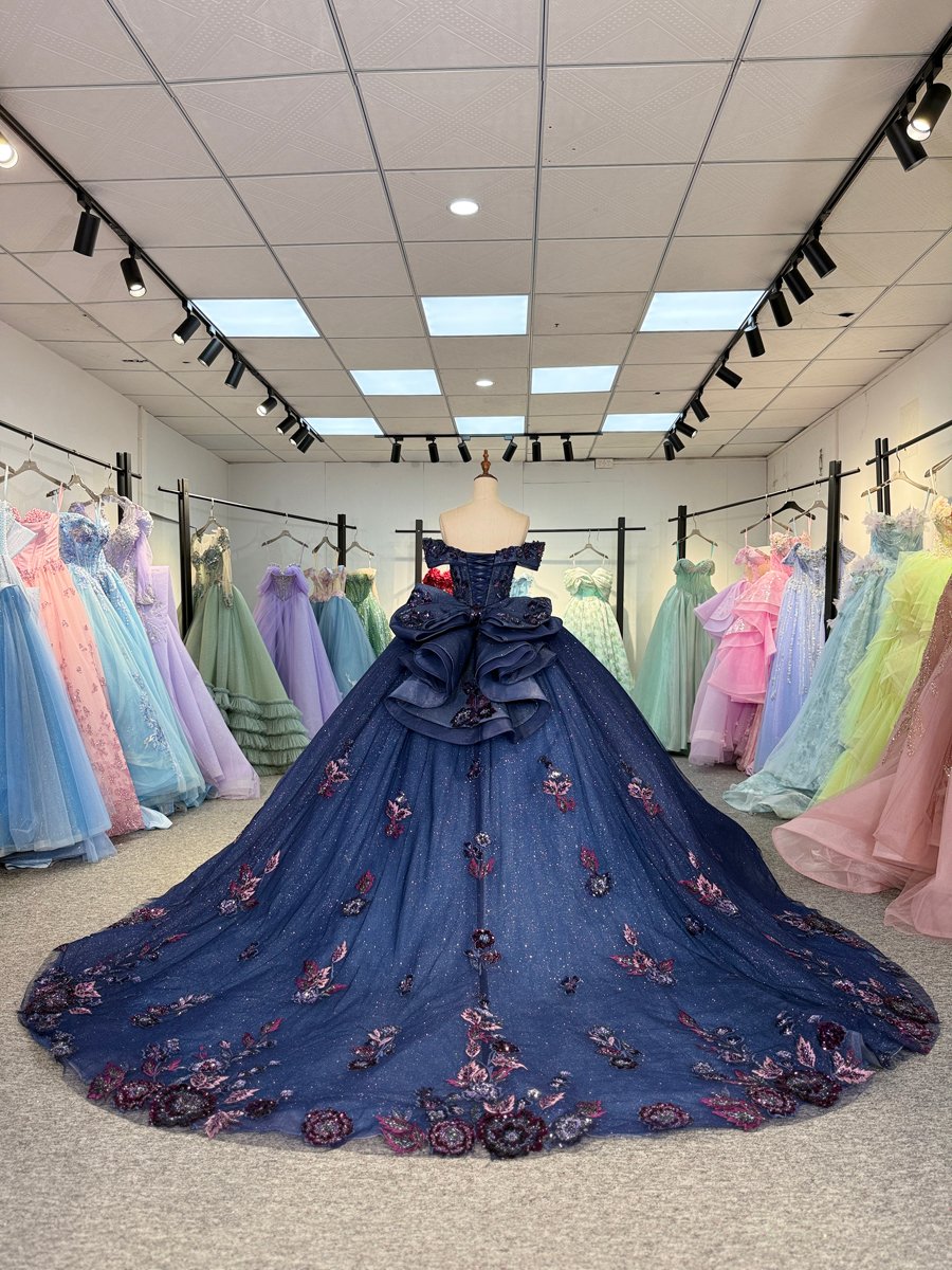 Stunning Deep Blue Quinceanera Dress Floral Applique Off Shoulder Corset Back Quinceanera Gown With Glitter Tulle And Ruffled Train - Image 2