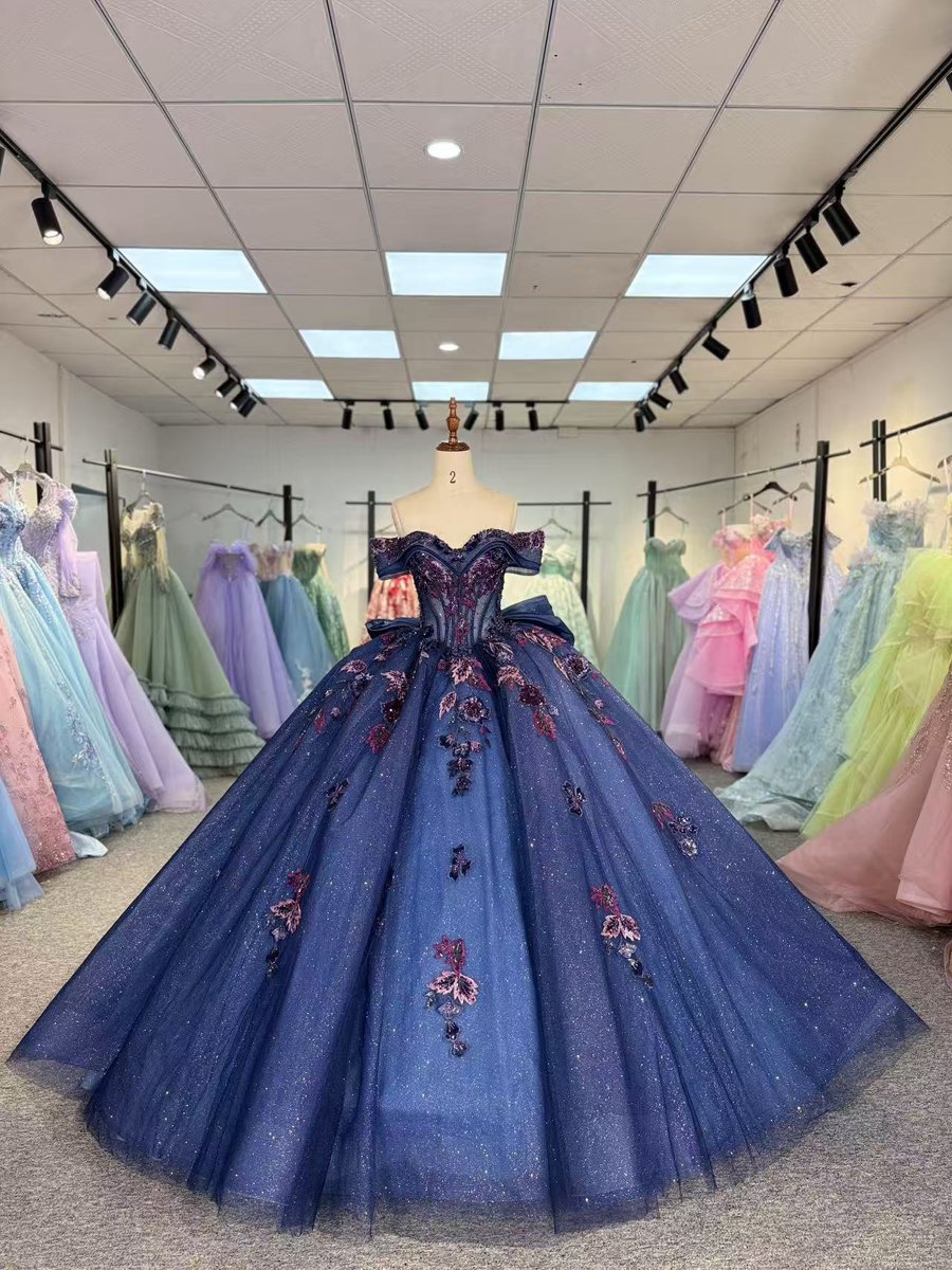 Stunning Deep Blue Quinceanera Dress Floral Applique Off Shoulder Corset Back Quinceanera Gown With Glitter Tulle And Ruffled Train