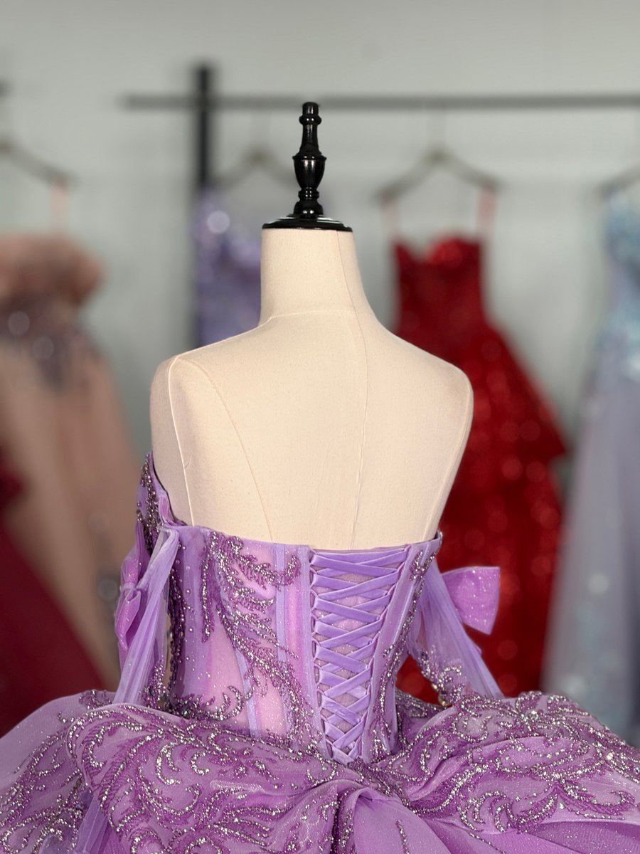 Shimmering Crystal Sparkly Lilac Quinceanera Dress Sweetheart Neckline Detachable Bows Ruffled Skirt Ball Gown Long Train Sweet 15 Masquerade - Image 4
