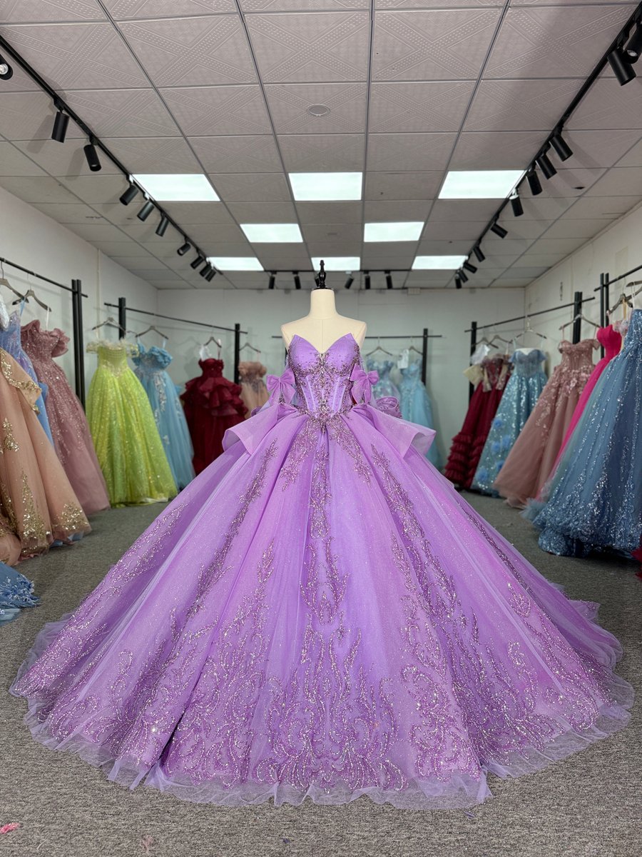 Shimmering Crystal Sparkly Lilac Quinceanera Dress Sweetheart Neckline Detachable Bows Ruffled Skirt Ball Gown Long Train Sweet 15 Masquerade