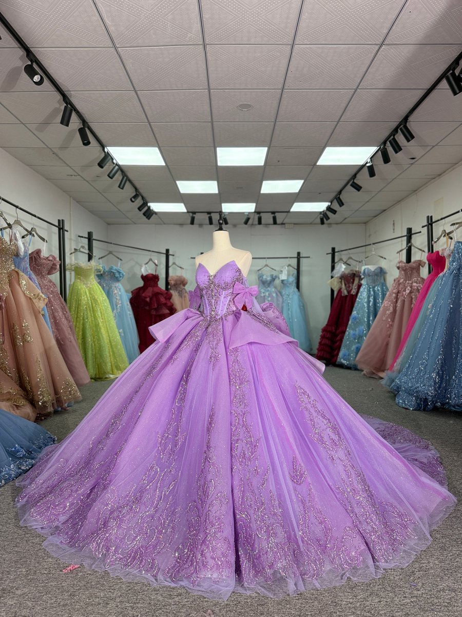 Shimmering Crystal Sparkly Lilac Quinceanera Dress Sweetheart Neckline Detachable Bows Ruffled Skirt Ball Gown Long Train Sweet 15 Masquerade - Image 5