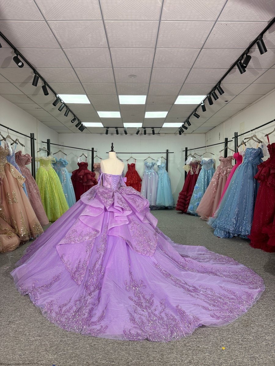 Shimmering Crystal Sparkly Lilac Quinceanera Dress Sweetheart Neckline Detachable Bows Ruffled Skirt Ball Gown Long Train Sweet 15 Masquerade - Image 6