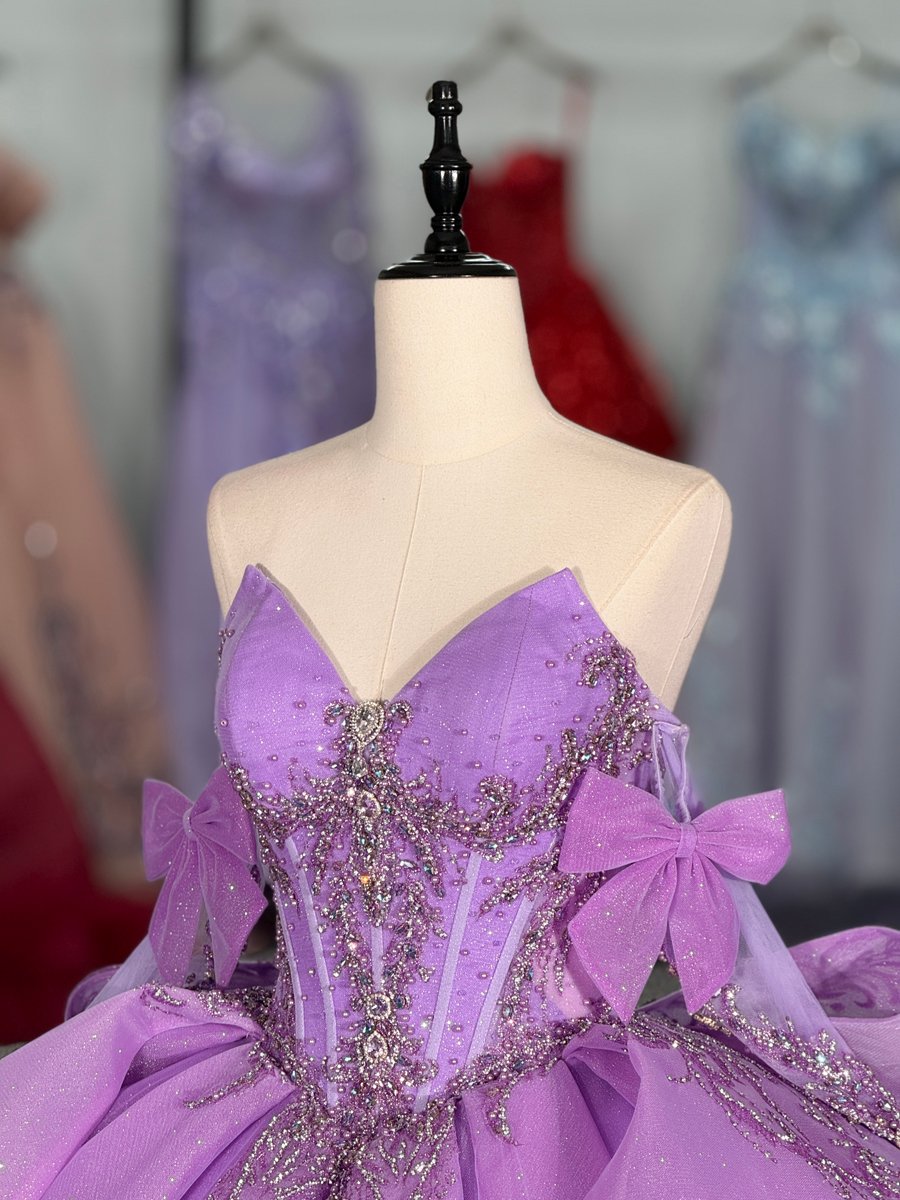 Shimmering Crystal Sparkly Lilac Quinceanera Dress Sweetheart Neckline Detachable Bows Ruffled Skirt Ball Gown Long Train Sweet 15 Masquerade - Image 3