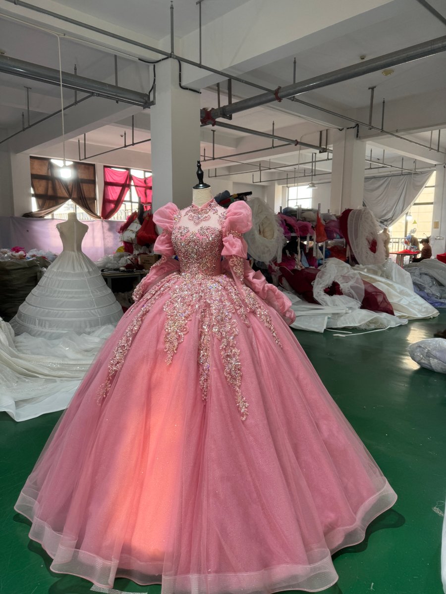 Gorgeous Pink Beaded Sequin High Neck Quinceanera Dress Puffy Sleeve Ball Gown Sweet 16 Dress