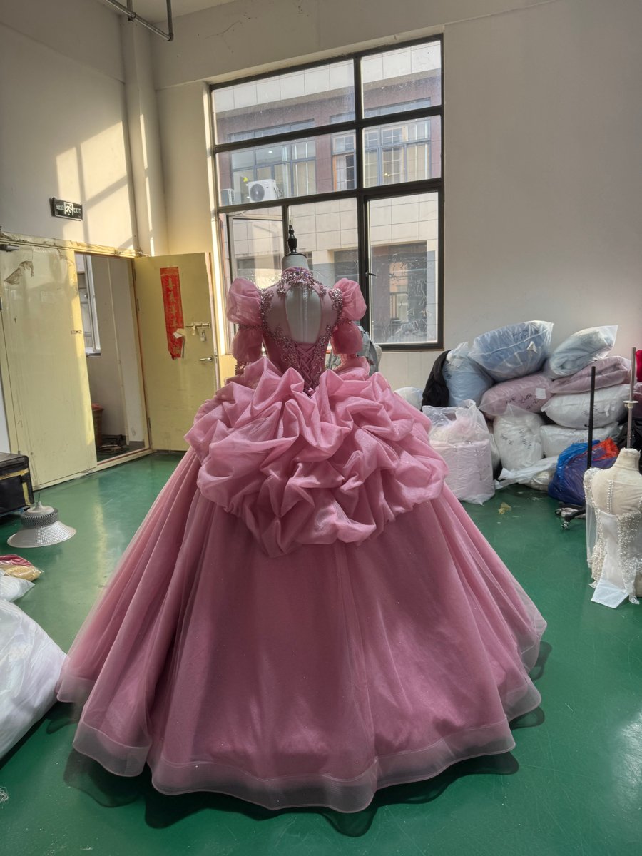 Gorgeous Pink Beaded Sequin High Neck Quinceanera Dress Puffy Sleeve Ball Gown Sweet 16 Dress - Image 2