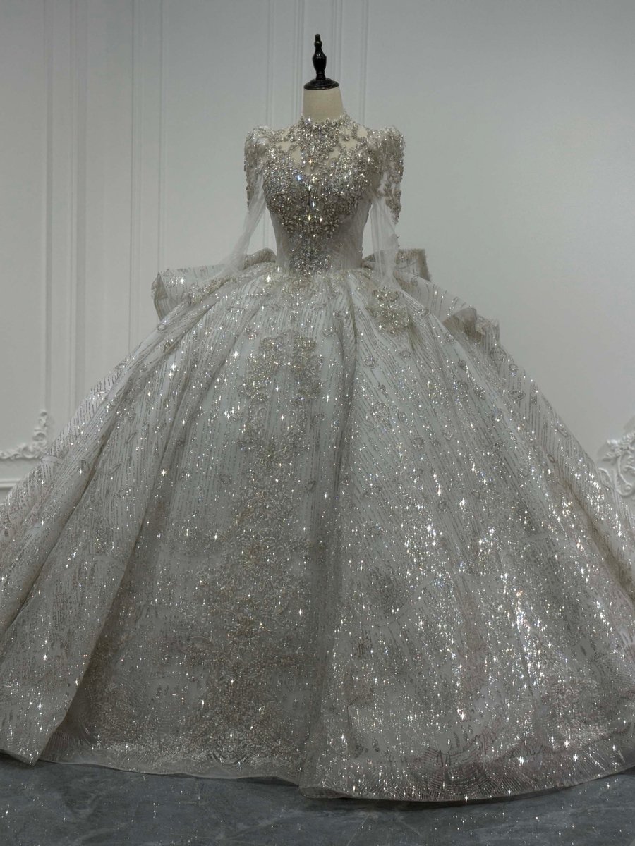 Magnificent Ivory Silver Wedding Dress High Neck Ball Gown Glitter Beaded Long Sleeve Bridal Gown Royal - Image 5