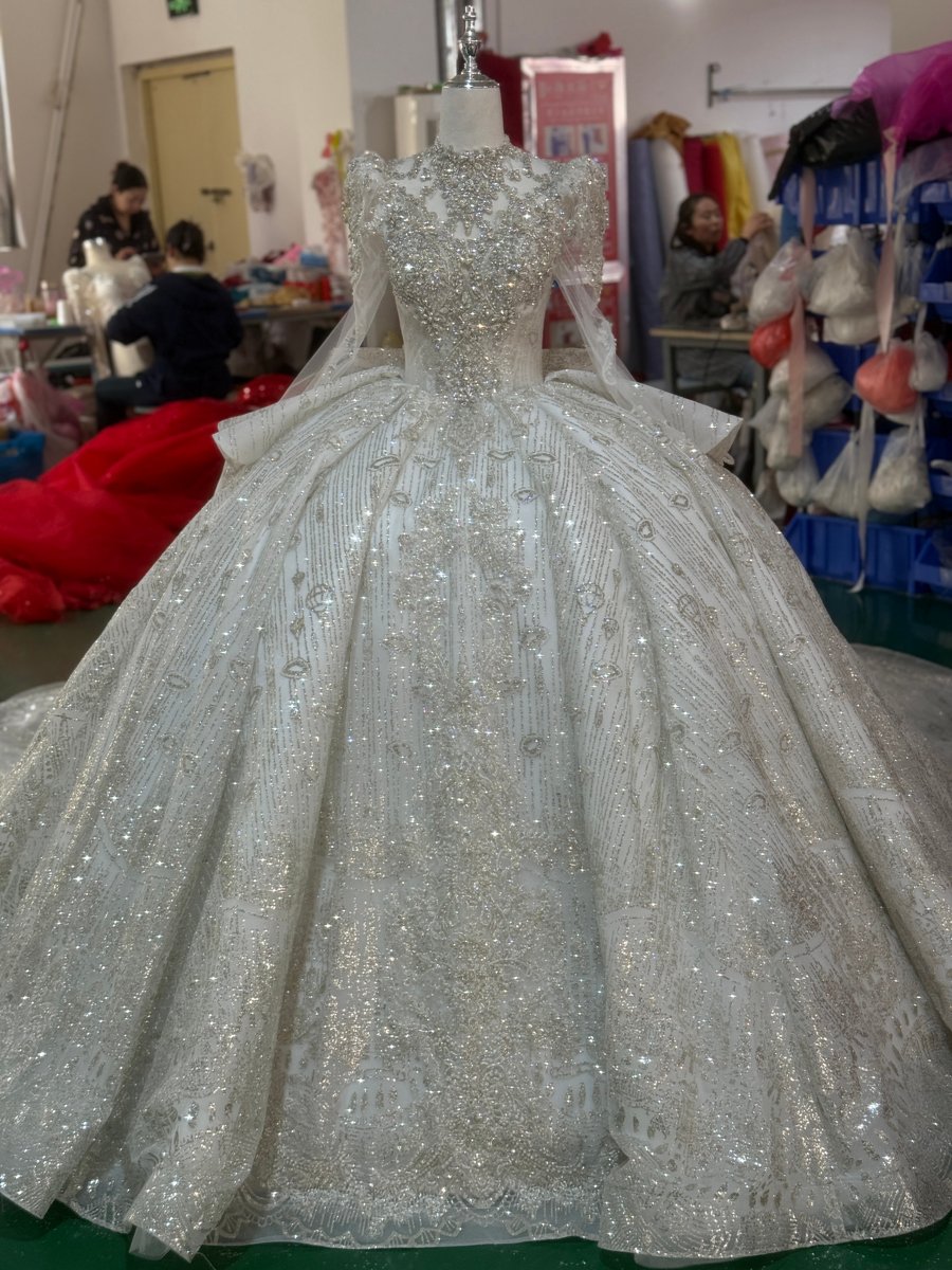 Stunning Ivory Sequin Beaded High Neck Wedding Dress Long Sleeve Ball Gown Bridal Dresses