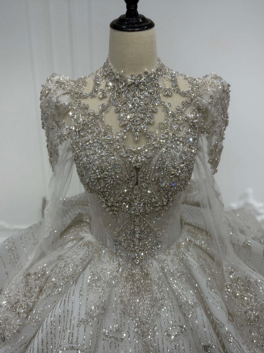 Magnificent Ivory Silver Wedding Dress High Neck Ball Gown Glitter Beaded Long Sleeve Bridal Gown Royal - Image 3