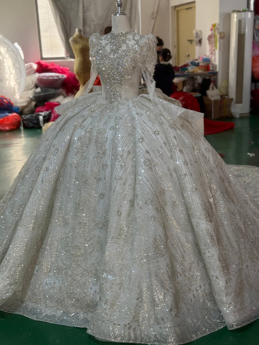 Stunning Ivory Sequin Beaded High Neck Wedding Dress Long Sleeve Ball Gown Bridal Dresses - Image 3