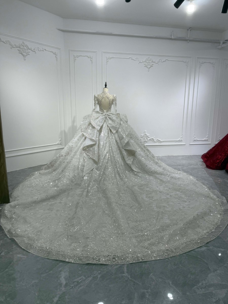 Magnificent Ivory Silver Wedding Dress High Neck Ball Gown Glitter Beaded Long Sleeve Bridal Gown Royal - Image 2