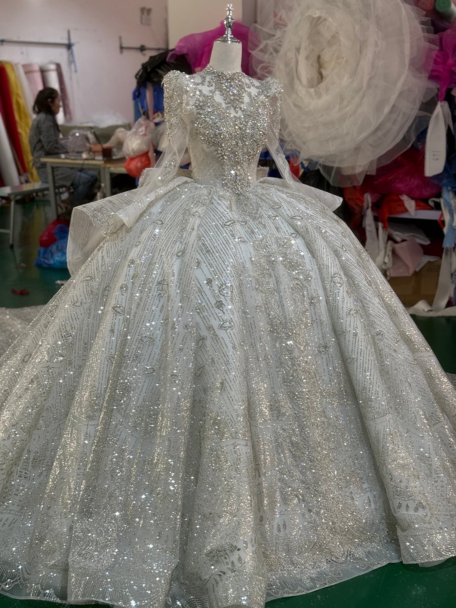 Stunning Ivory Sequin Beaded High Neck Wedding Dress Long Sleeve Ball Gown Bridal Dresses - Image 4