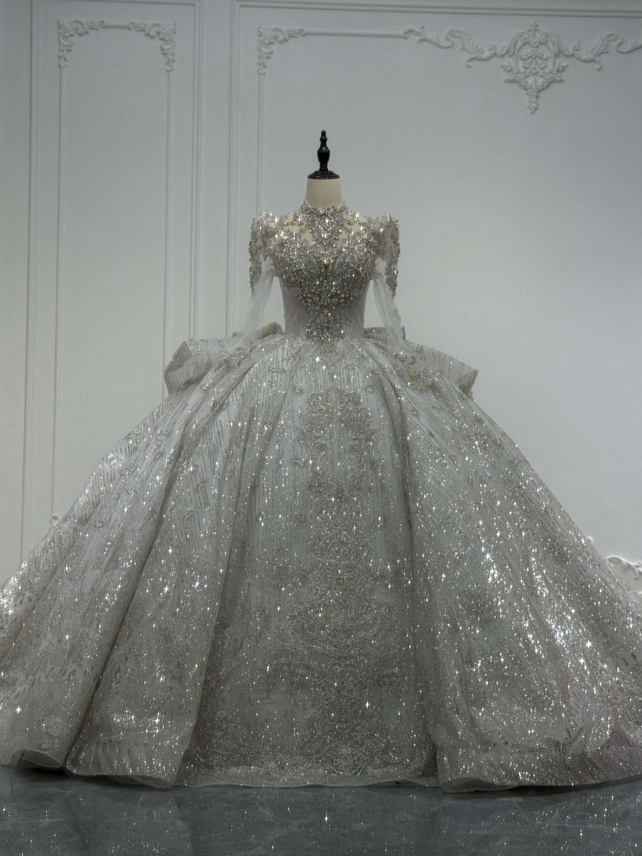 Magnificent Ivory Silver Wedding Dress High Neck Ball Gown Glitter Beaded Long Sleeve Bridal Gown Royal