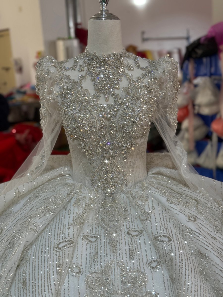 Stunning Ivory Sequin Beaded High Neck Wedding Dress Long Sleeve Ball Gown Bridal Dresses - Image 2