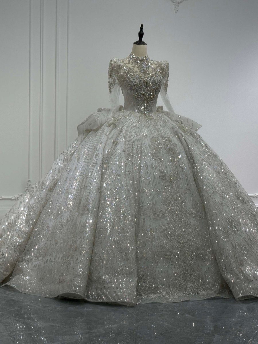 Magnificent Ivory Silver Wedding Dress High Neck Ball Gown Glitter Beaded Long Sleeve Bridal Gown Royal - Image 4