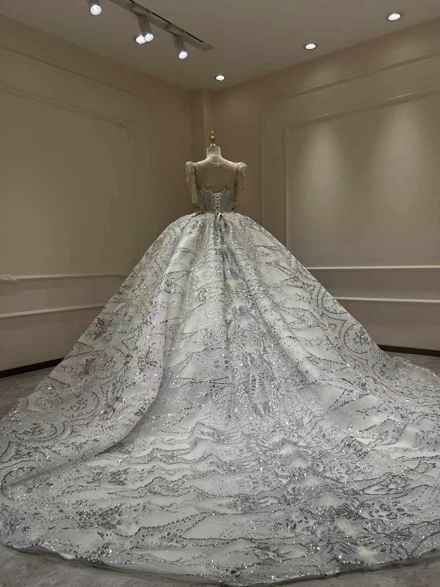 Dazzling Ivory Wedding Dress Ball Gown High Neck Puff Sleeve Sparkle Bridal Gown Long Train - Image 2