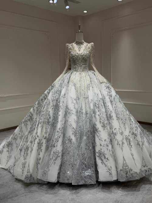 Majestic Ivory Blue Wedding Dress Ball Gown High Neck Long Sleeve Sequin Bridal Gown Cathedral Train