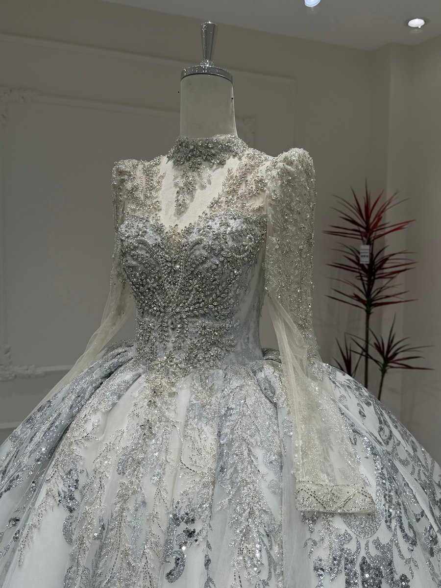 Majestic Ivory Blue Wedding Dress Ball Gown High Neck Long Sleeve Sequin Bridal Gown Cathedral Train - Image 5