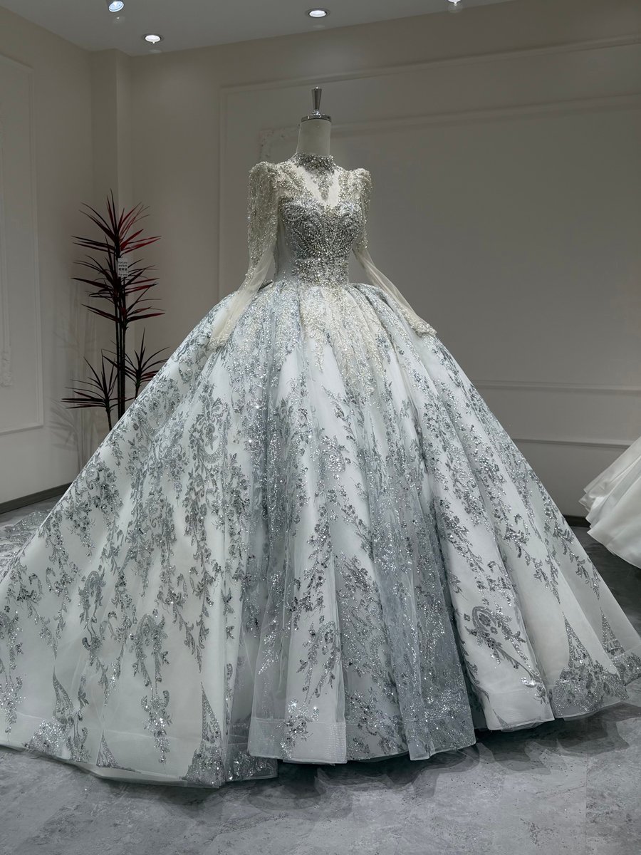 Majestic Ivory Blue Wedding Dress Ball Gown High Neck Long Sleeve Sequin Bridal Gown Cathedral Train - Image 4