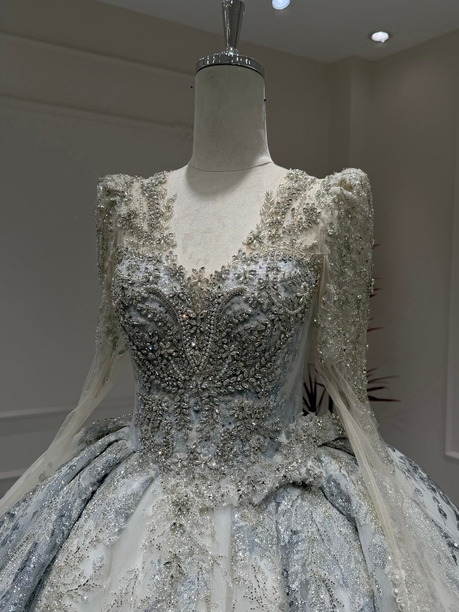 Majestic Ivory Blue Wedding Dress Ball Gown High Neck Long Sleeve Sequin Bridal Gown Cathedral Train - Image 3