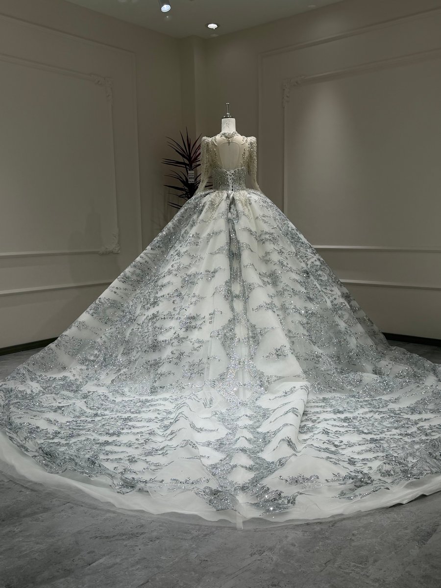 Majestic Ivory Blue Wedding Dress Ball Gown High Neck Long Sleeve Sequin Bridal Gown Cathedral Train - Image 2