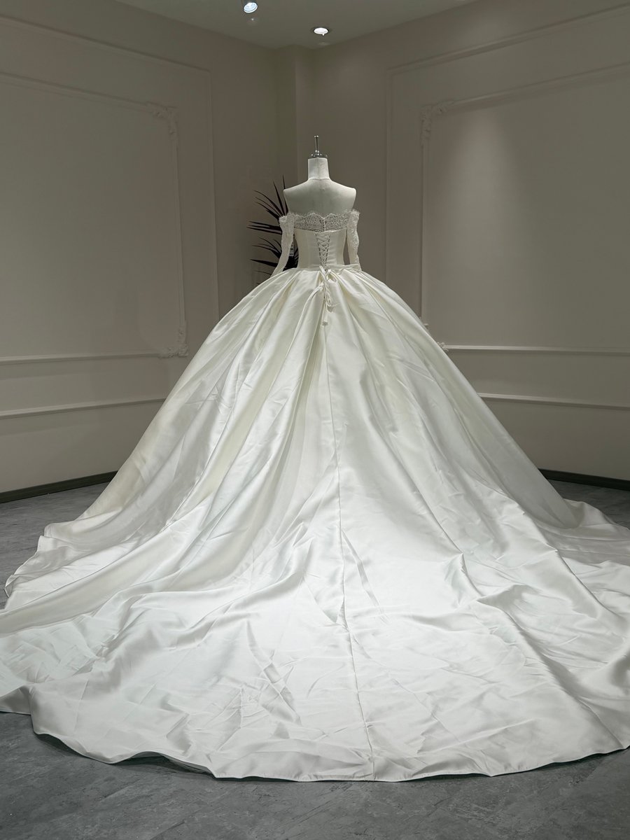 Classic Ivory Satin Wedding Dress Off Shoulder Ball Gown Minimalist Long Sleeve Bridal Gown Lace Back - Image 2