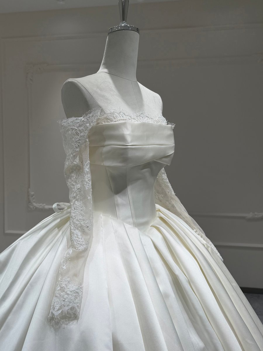 Classic Ivory Satin Wedding Dress Off Shoulder Ball Gown Minimalist Long Sleeve Bridal Gown Lace Back - Image 4
