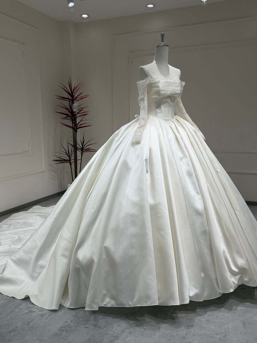 Classic Ivory Satin Wedding Dress Off Shoulder Ball Gown Minimalist Long Sleeve Bridal Gown Lace Back - Image 5