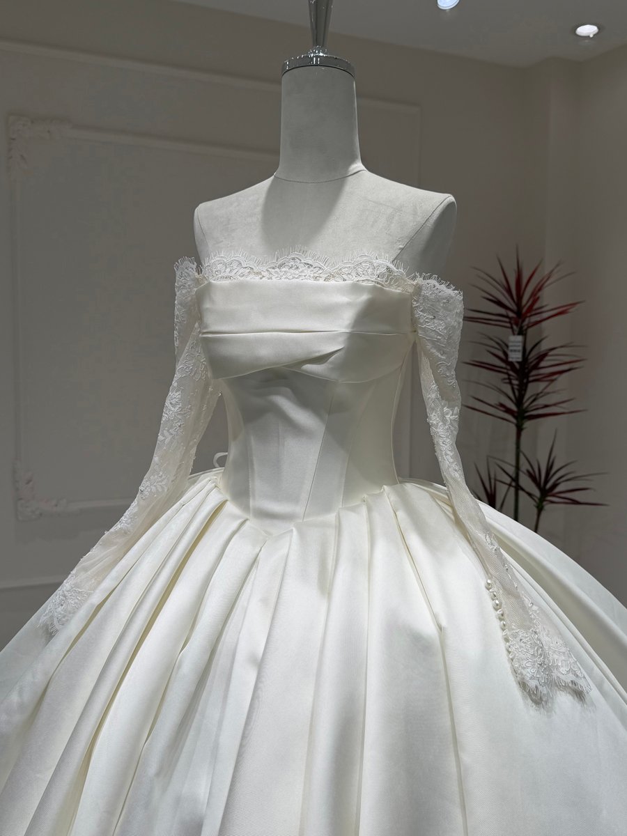 Classic Ivory Satin Wedding Dress Off Shoulder Ball Gown Minimalist Long Sleeve Bridal Gown Lace Back - Image 3